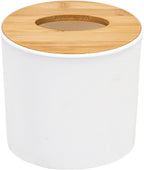 Bamboo Lid Round Tissue Holder Box 5x5'' – Decorative Toilet Paper Roll Dispenser & Dryer Sheet Case – Space-Saving Wood Organizer for Bathroom - for Paper Rolls Under 5 inches only