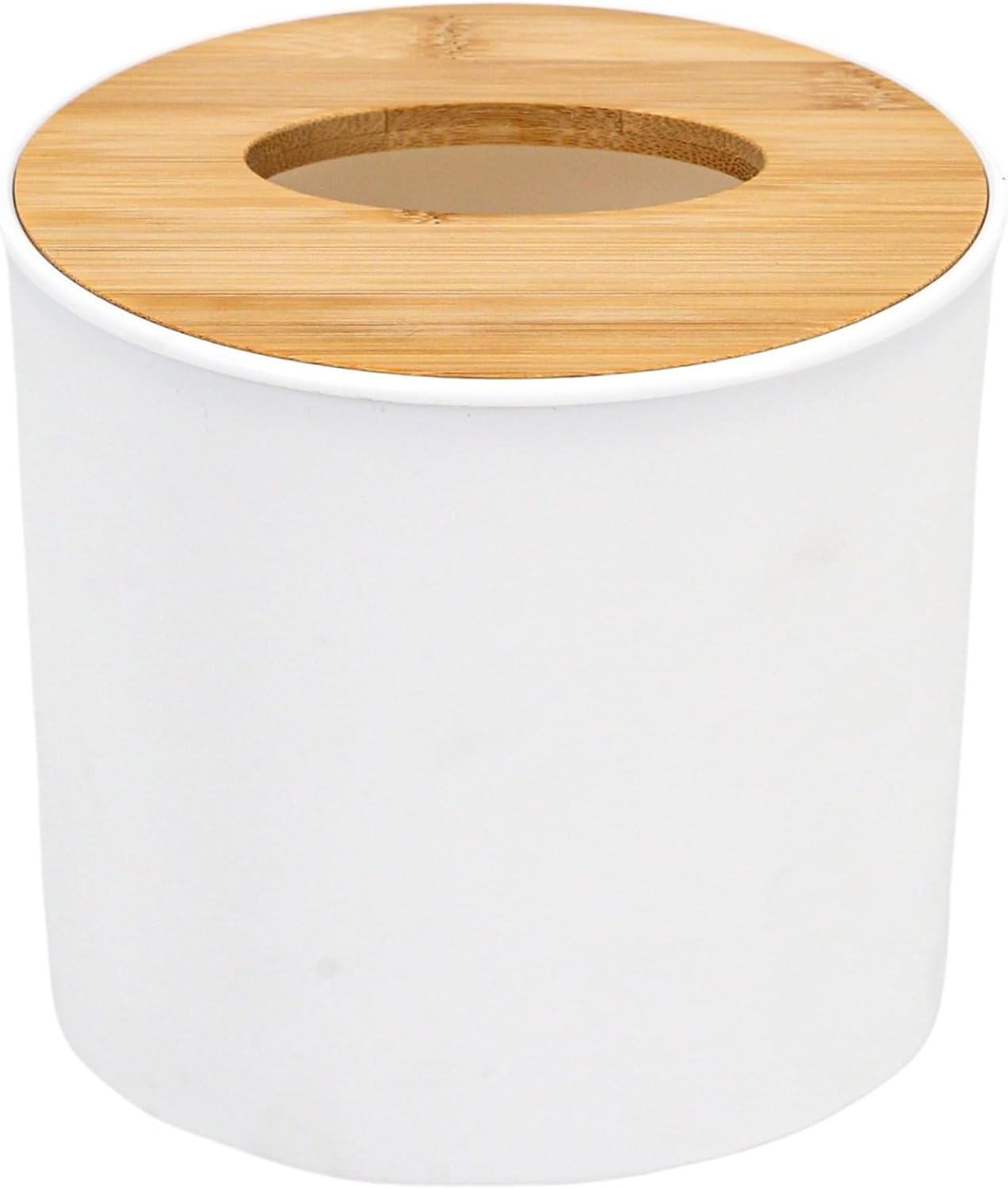 Bamboo Lid Round Tissue Holder Box 5x5'' – Decorative Toilet Paper Roll Dispenser & Dryer Sheet Case – Space-Saving Wood Organizer for Bathroom - for Paper Rolls Under 5 inches only