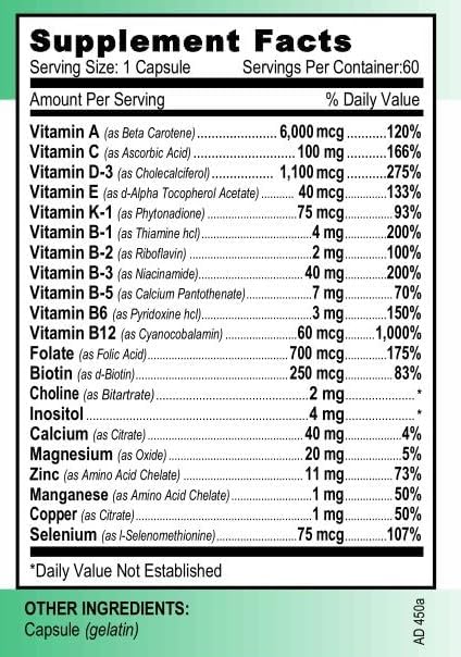 Vita4Life!® ADEK Fat Soluble Vitamins A D E K - High Absorption Bariatric Multivitamin - No Iron Formula with B-Complex & Calcium - 60 Fast Dissolving Capsules for Post Surgery & General Health