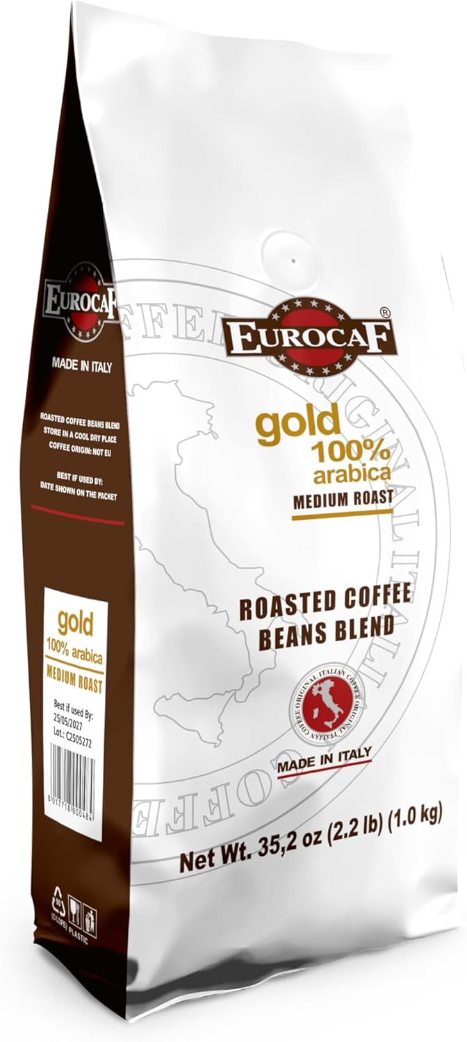 Eurocaf Blend Gold 100% Arabica, Whole Bean Coffee, Medium Roast, 2.2 Ib, Original Italian Coffee (Pack of 1)