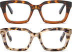 REAVEE 2 Pack Oprah Style Oversized Reading Glasses for Women Men Blue Light Blocking, Ladies Stylish Retro Square Large Computer Readers (Leopard/Tea Leopard 2.0x)