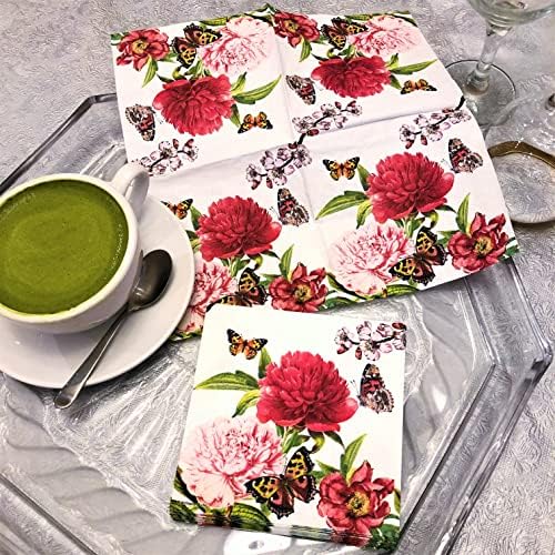 20-ct 3-ply 5x5 Peony Napkins White Floral Napkins Decorative Paper Napkins for Decoupage Floral Paper Napkins Floral Napkins Paper Valentine Napkins Mother's Day Napkins Pretty Flower Napkins Paper