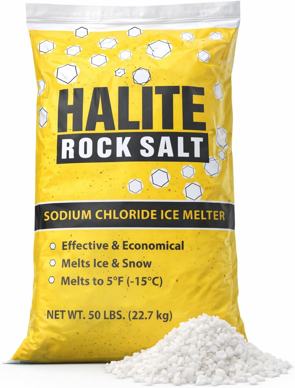Made in USA – Pure Sodium Chloride Halite Rock Salt Ice & Snow Melt – 50 lb Bag – Melts to 5°F – Fast Acting, Easy Application for Driveways, Sidewalks & Parking Lot