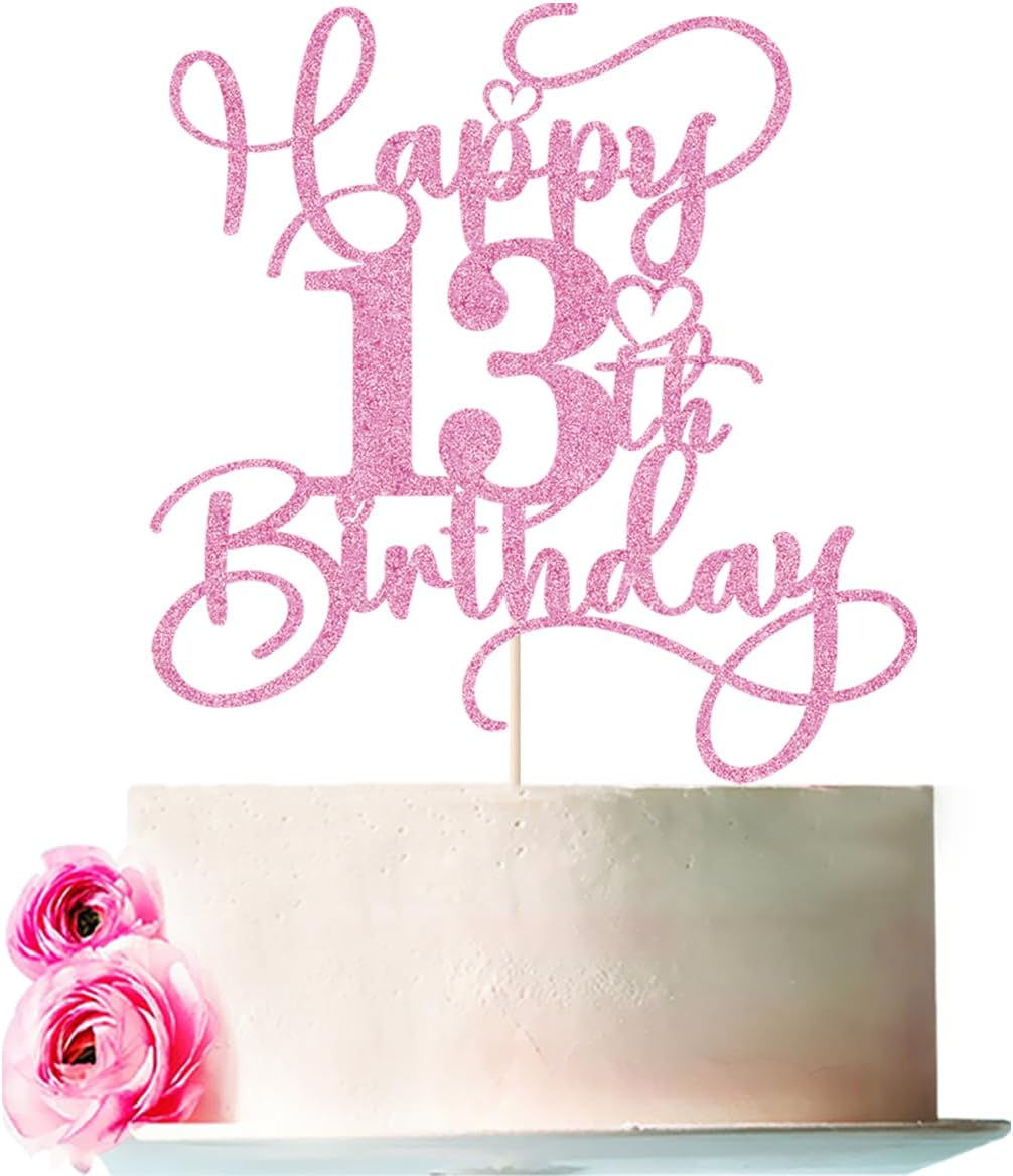 Pink Happy 13th Birthday Cake Topper 1pcs Glitter Cake Topper for thirteen Birthday/Anniversary Theme Party Cake Decorations Supplies