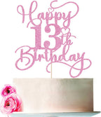 Pink Happy 13th Birthday Cake Topper 1pcs Glitter Cake Topper for thirteen Birthday/Anniversary Theme Party Cake Decorations Supplies