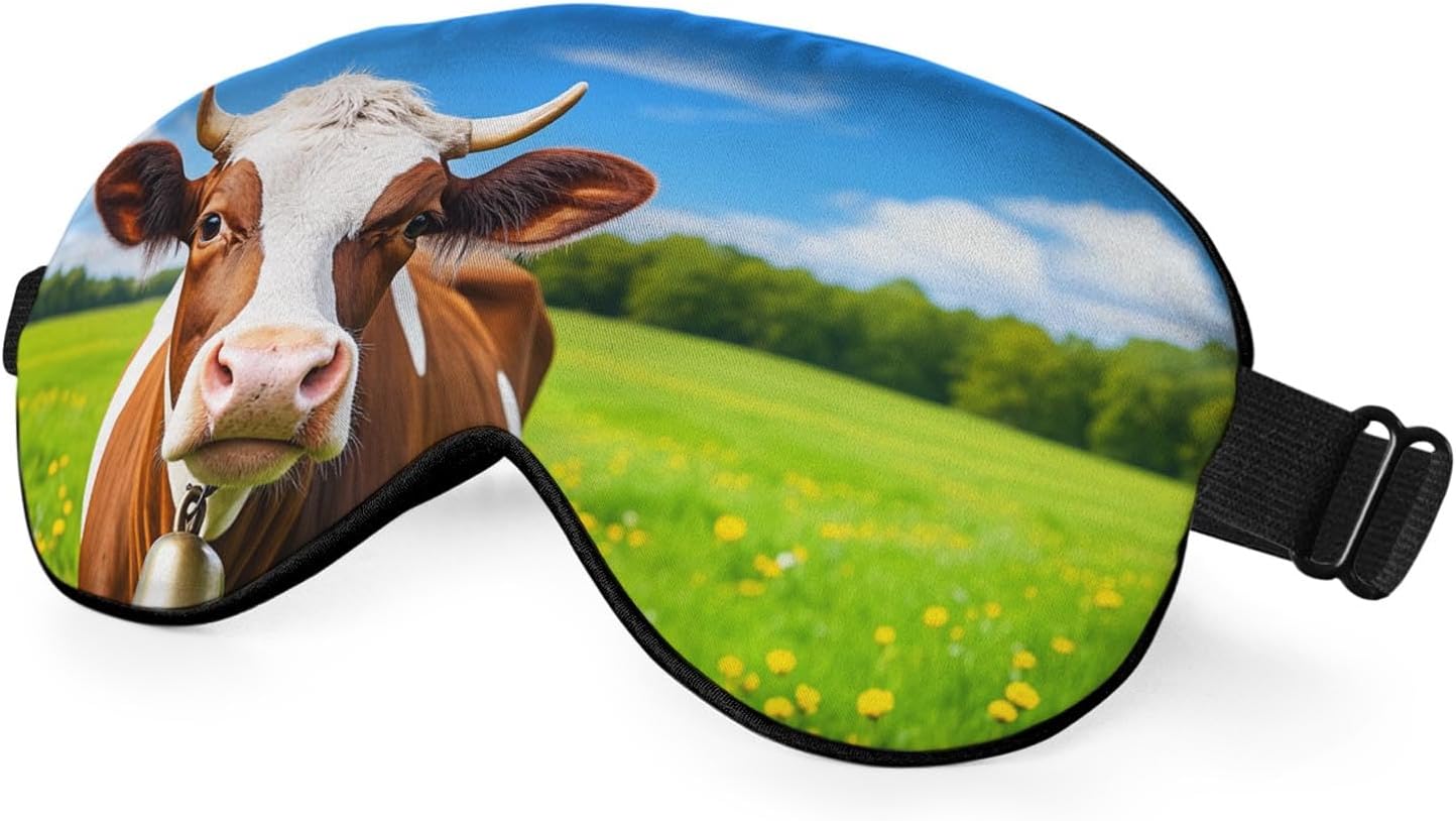 Cows Sleep Mask Eye Mask Fresh Grass Blue Sky White Clouds Sleep Mask Light Blocking Adjustable Smooth Soft Eye Masks for Women Deep Rest Travel