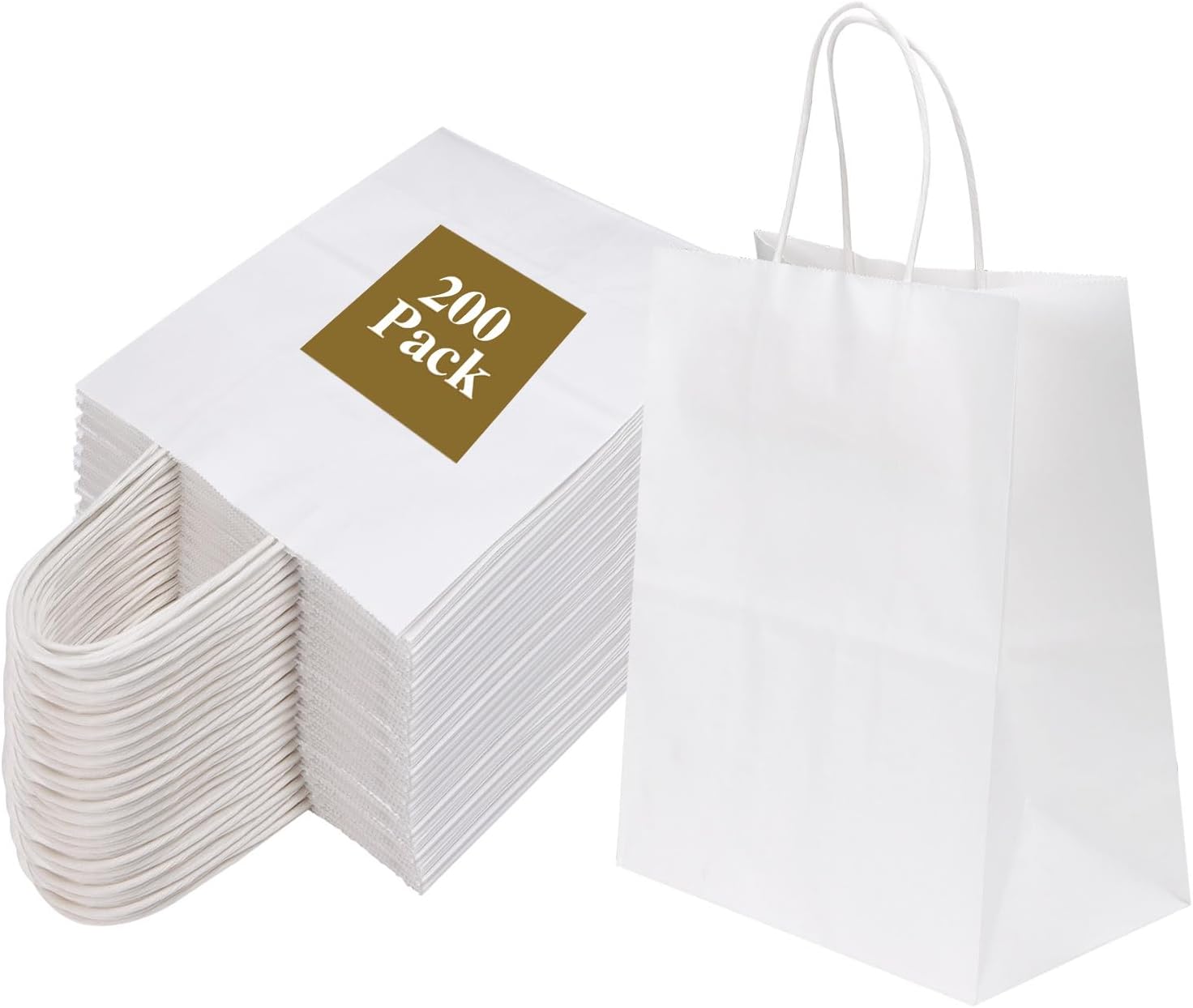 Joybe 200 Pack 8x4.75x10 Inch Medium White Kraft Paper Bags with Handles Bulk, Craft Paper Gift Bags for Party Favors Grocery Retail Shopping Business Goody Merchandise Take Out Blank Sacks (200pcs)