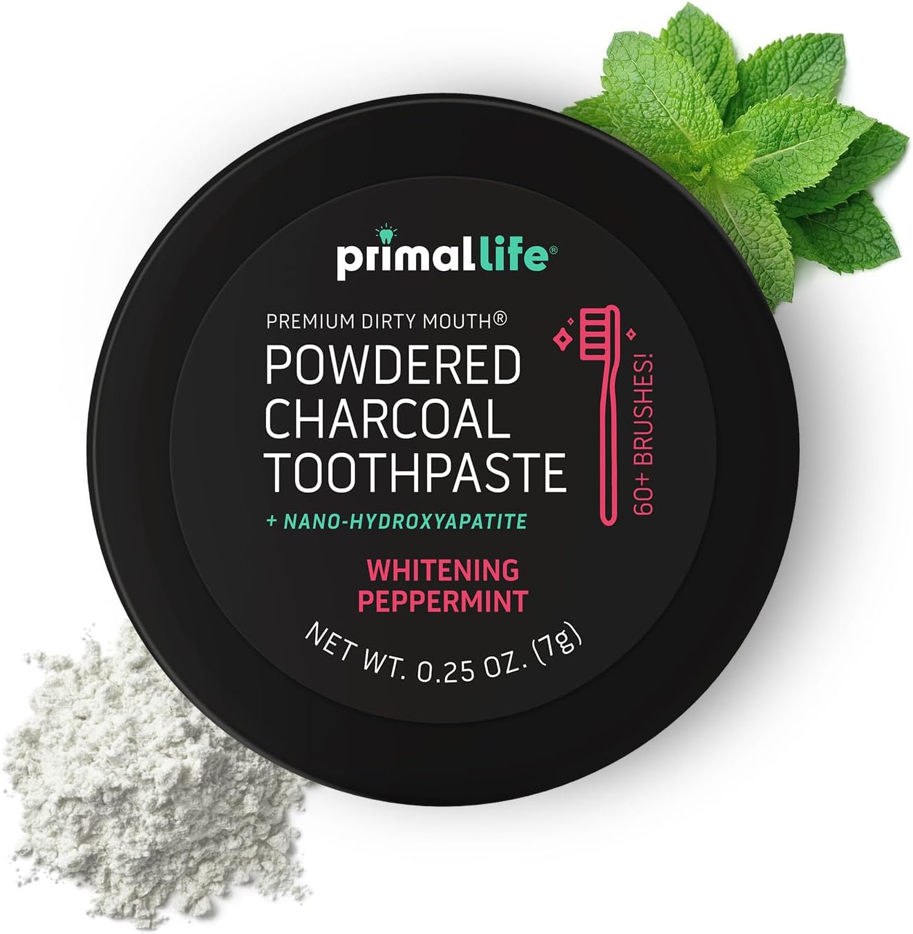 Primal Life Organics -Dirty Mouth Toothpowder, Activated Charcoal Tooth Cleaning Powder, Essential Oils, Hydroxyapatite, Kaolin, Bentonite Clay, 60+ Brushings, Organic, Vegan Black Peppermint 0.25oz
