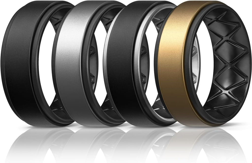 Egnaro Silicone Rings for Men 1/4/5/6/7 Multipack of Breathable Mens Silicone Rubber Wedding Rings Bands - Step Edge