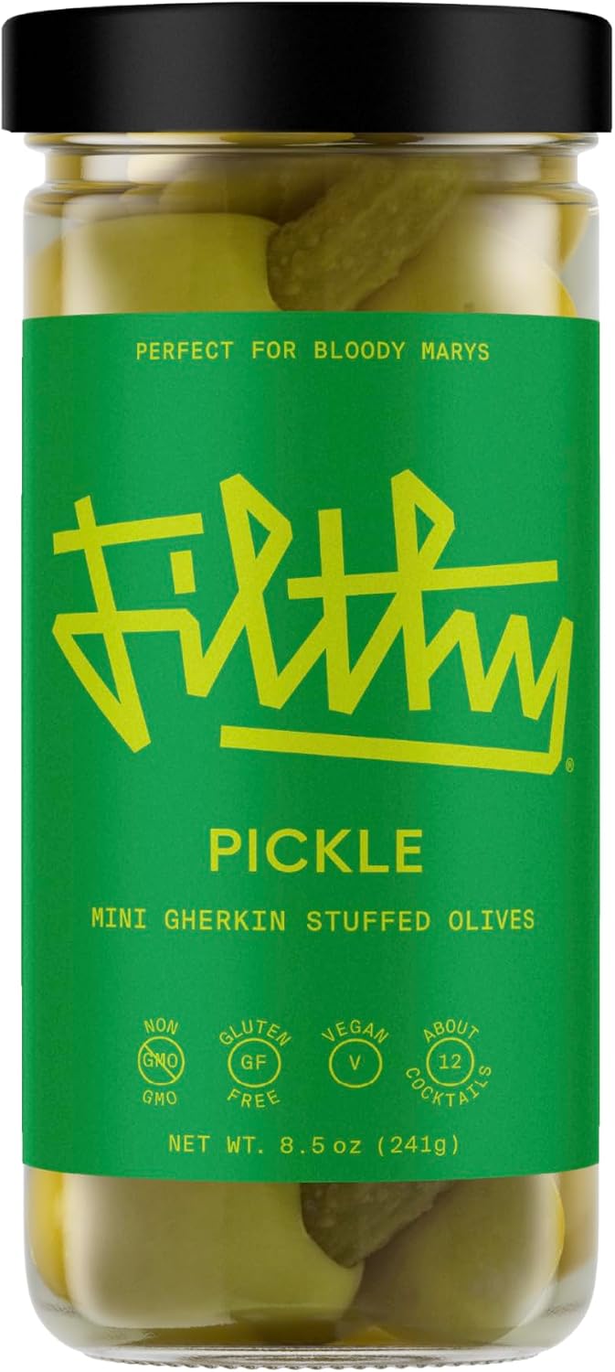 Filthy Pickle Stuffed Olives, Premium Cocktail Garnish, Naturally Cured Queen Olives Stuffed with Mini Gherkins for Bloody Marys & Martinis, 8.5 Oz Jar, 12 Olives