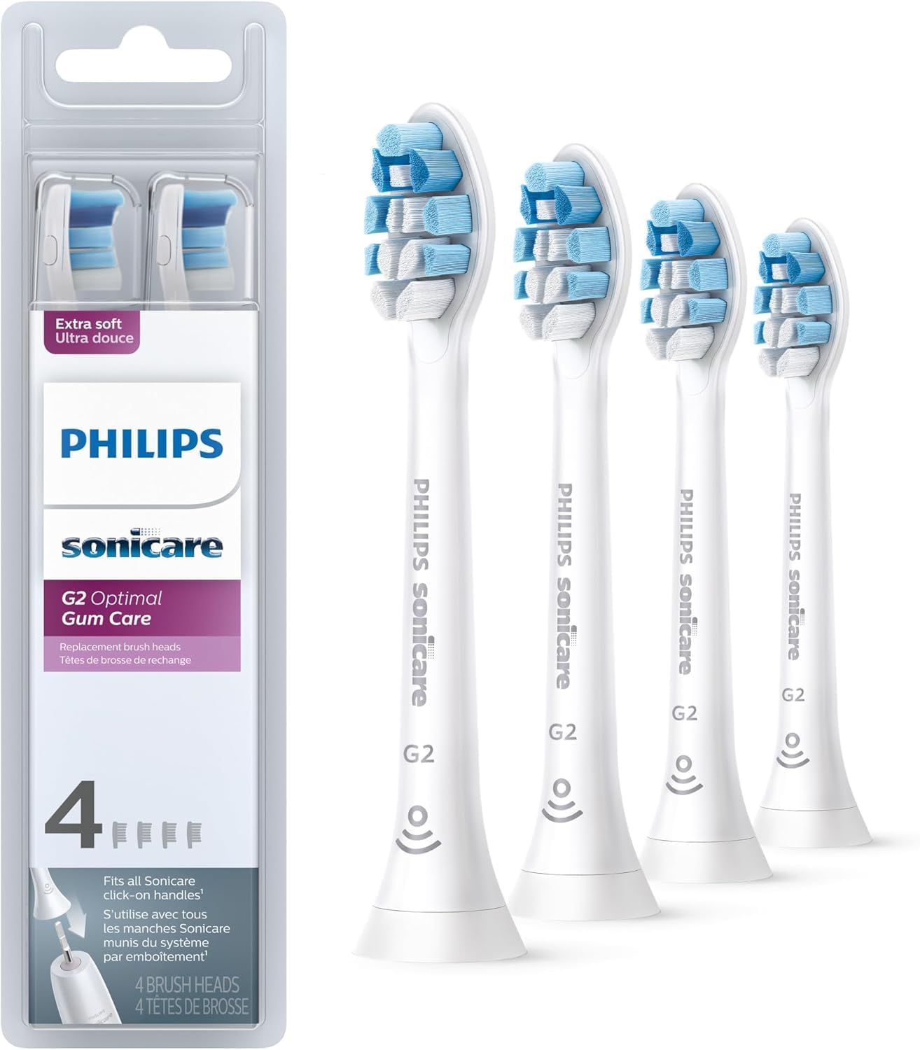 Philips Sonicare G2 Optimal Gum Care Replacement Toothbrush Heads, 4-Pack, Genuine Sonicare White Brush Heads, Model HX9034/65 with BrushSync Technology – Healthier Gums in 2 Weeks