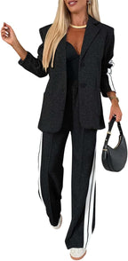 Women’s 2 Piece Blazer and Wide Leg Pants Set, Striped Button-Up Jacket Business Casual Office Outfit