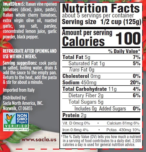 SACLA Cherry Tomato & Roasted Garlic Pasta Sauce with No Added Sugar | 100% Italian Grown Tomatoes with Slow Roasted Garlic | 24 oz Glass Jar | Imported from Italy | Non-GMO Authentic Italian Sauce