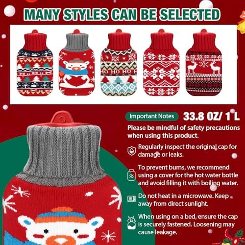 Hortsun 5 Pcs Christmas Hot Water Bottle with Knitted Cover and Inspirational Cards 1L Red Hot and Cold Water Bag for Menstrual Cramps Neck and Shoulder Pain Relief