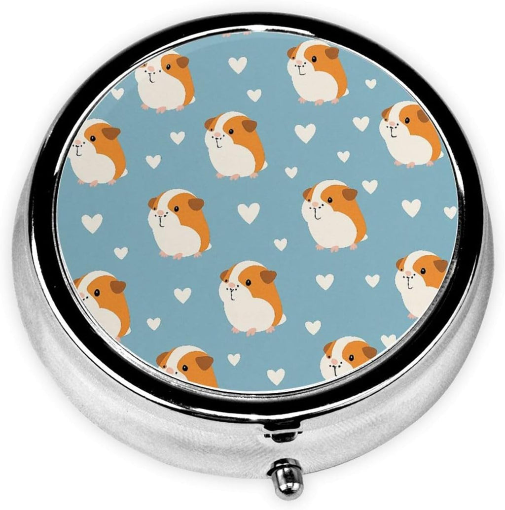 Lovely Guinea Pig and Heart Pill Box Portable Round for Pocket Purse with 3 Compartments