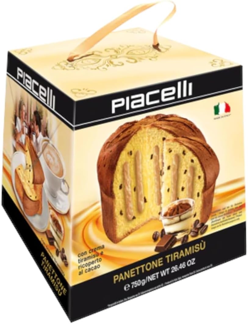 PIACELLI Authentic Italian Panettone Filled with Rich Tiramisu Cream - Classic Panettone Directly Imported from Italy - Luxurious Holiday Cake Ideal for Christmas, & Special Celebrations - 750g