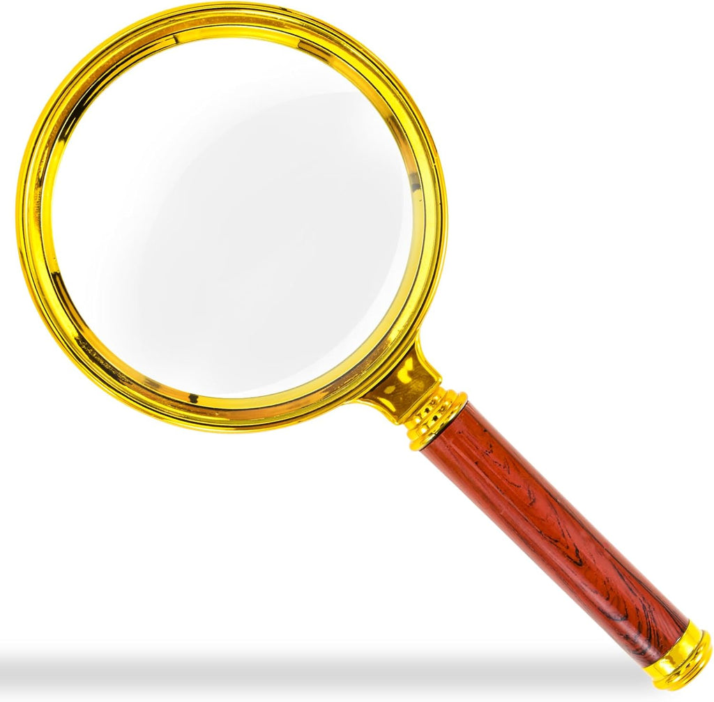 10x Handheld Magnifier, Reading Magnifier for Children Elderly for Hobbies and Science, 80mm Plastic Gold Plated Frame Electroplated Faux Wood Grain Handle