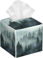 Green Misty Forest Pine Trees Tissue Box Cover,Waterproof Leather Tissue Cube Box Holder Square Facial Paper Organizer Dispenser for Bathroom Home Car Nightstand Vanity Desk