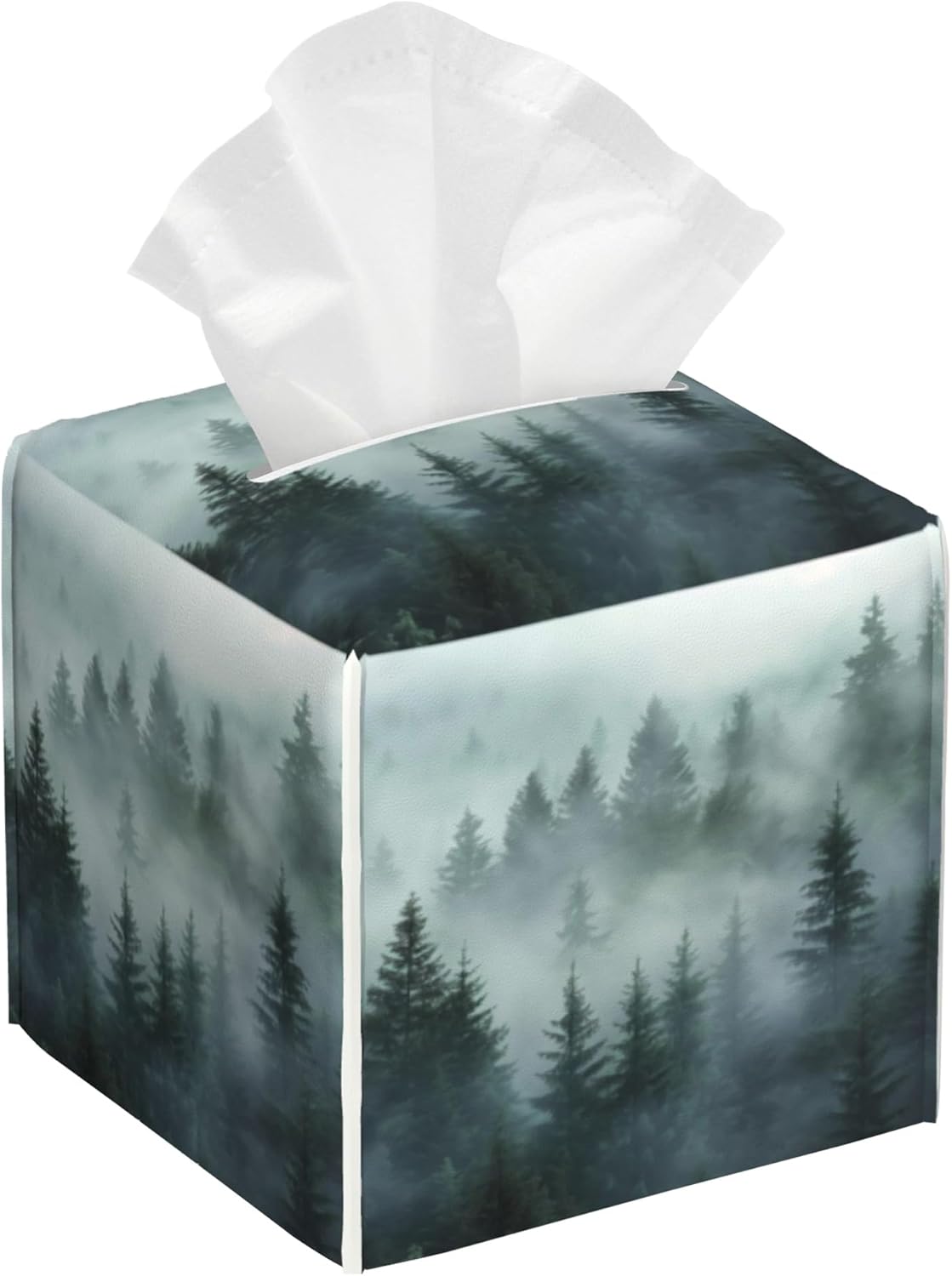 Green Misty Forest Pine Trees Tissue Box Cover,Waterproof Leather Tissue Cube Box Holder Square Facial Paper Organizer Dispenser for Bathroom Home Car Nightstand Vanity Desk