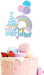Rainbow Happy Birthday Cake Toppers – 5 Pcs Blue Birthday Hat Balloon Cake Decorations for Rainbows Theme Party, Birthdays Cake Decor Supplies