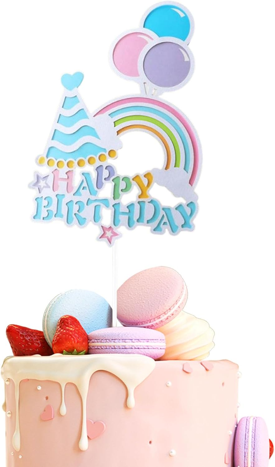 Rainbow Happy Birthday Cake Toppers – 5 Pcs Blue Birthday Hat Balloon Cake Decorations for Rainbows Theme Party, Birthdays Cake Decor Supplies