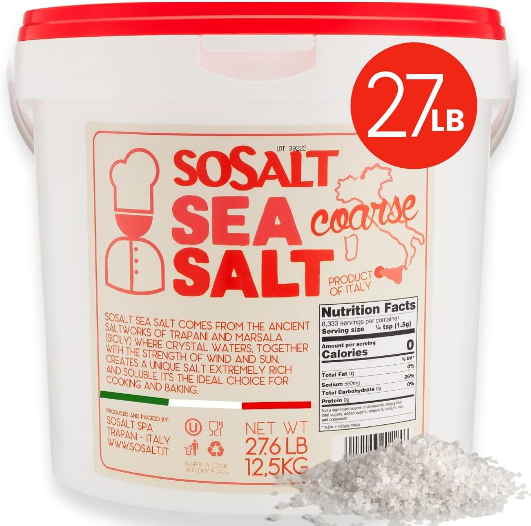 SOSALT DAL MARE DI TRAPANI Coarse Sea Salt, Sicilian, Bulk, Foodservice Bucket, Canning, Pickling, Cooking, Grilling, Asado, Parilla, Steak, Trapani, Mediterranean, Sicily, Italy, 27.56 Lbs (12.5 kg)