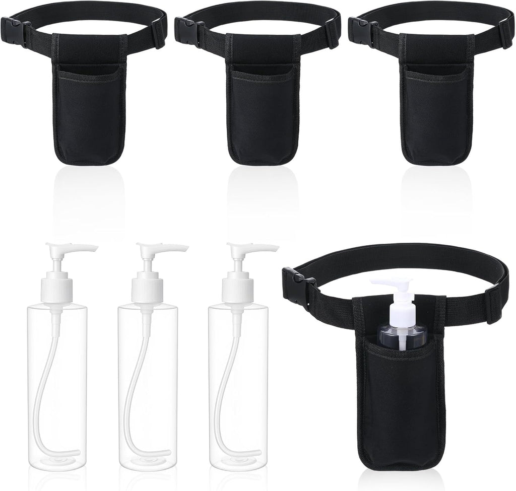 3 Set Adjustable Single Massage Bottle Holster Includes 3 Black Neoprene Massage Holster Belts with 8 oz Refillable Pump Dispenser Bottles for Lotion and Oil