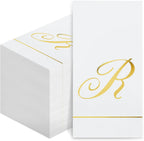 Pasimy 100 Pcs Initial Napkins Monogram Guest Napkins Gold Letter Paper Towels Disposable Elegant Dinner Towels for Wedding Bridal Shower Holiday Birthday Party Tableware Decor(R Letter)