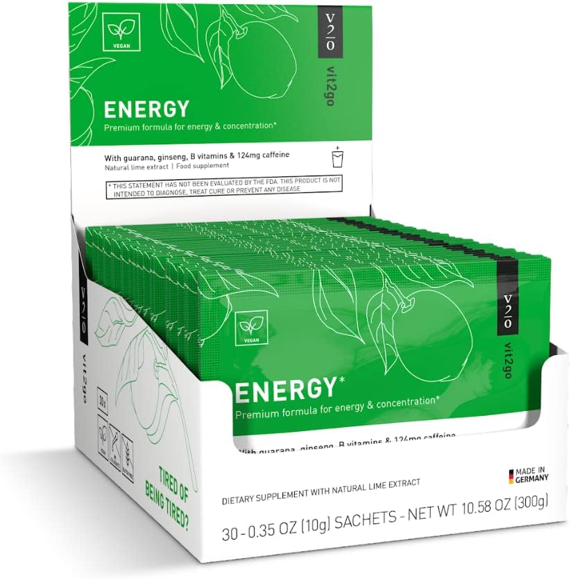 Natural Energy Drink Mix - 124mg Caffeine from Ginseng & Guarana | Sugar-Free, No Crash Pre-Workou Powder | B Vitamins, Magnesium & Zinc | Focus & Performance | Keto, Vegan | 30 Sachets