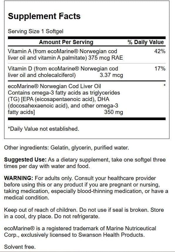 Swanson Cod Liver Oil - Wellness Supplement Promoting Bone, Skin Health, Vision Support & Immune System Function w/High Absorption Vitamin A - (180 Softgels, 350mg Each)