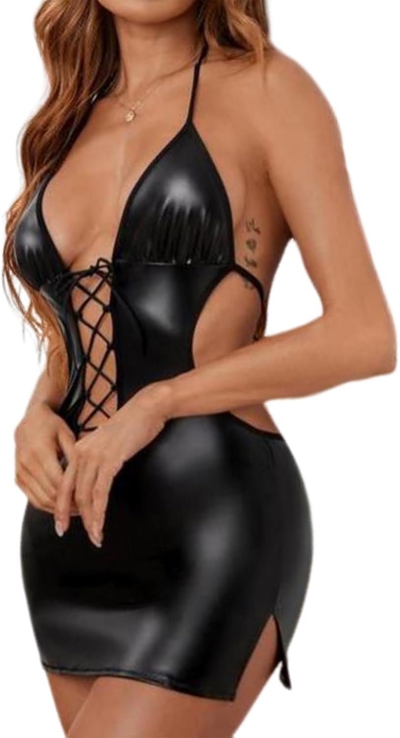Women's PU Leather Lingerie Wet Look Outfits Babydoll Hollow Nightgown Chemise Boudoir Nighty Teddy Lingerie