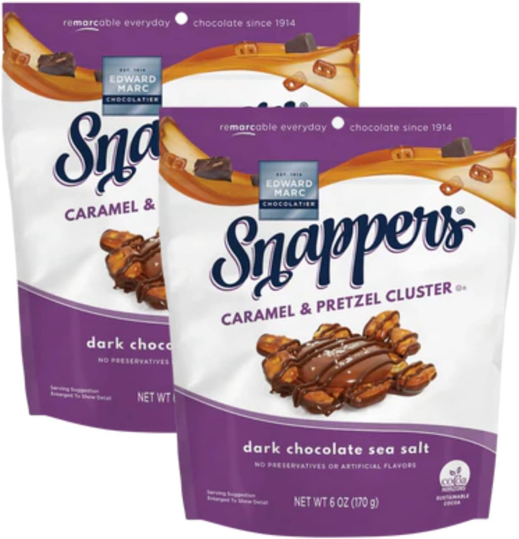 Edward Marc Snappers Sweet Caramel & Pretzels Cluster - Crunchy Pretzel Snack With Dark Chocolate & Sea Salt For Adults And Kids - 6 oz (pack of 2)