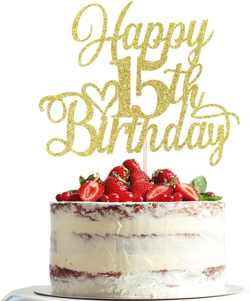 Gold Glitter Happy 15th Birthday Cake Topper, 15th Birthday Decorations, Cheers to 15 Years, Hello 15, 15th Happy Birthday Party Supplies