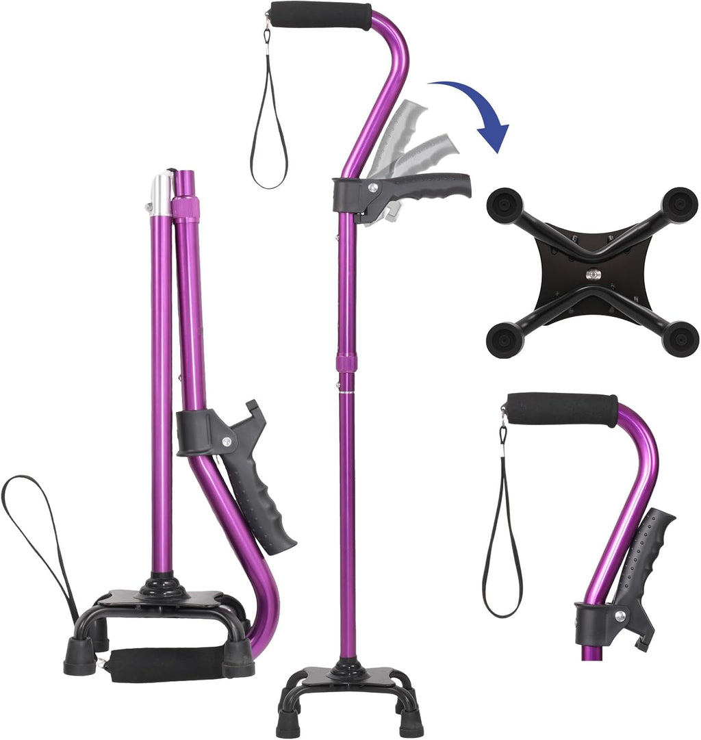 Aluminum Alloy Curved Handle, Quad Cane with Wide Base - 300lb Capacity, Large Four Corner Stand Up Armrest Crutch, Purple