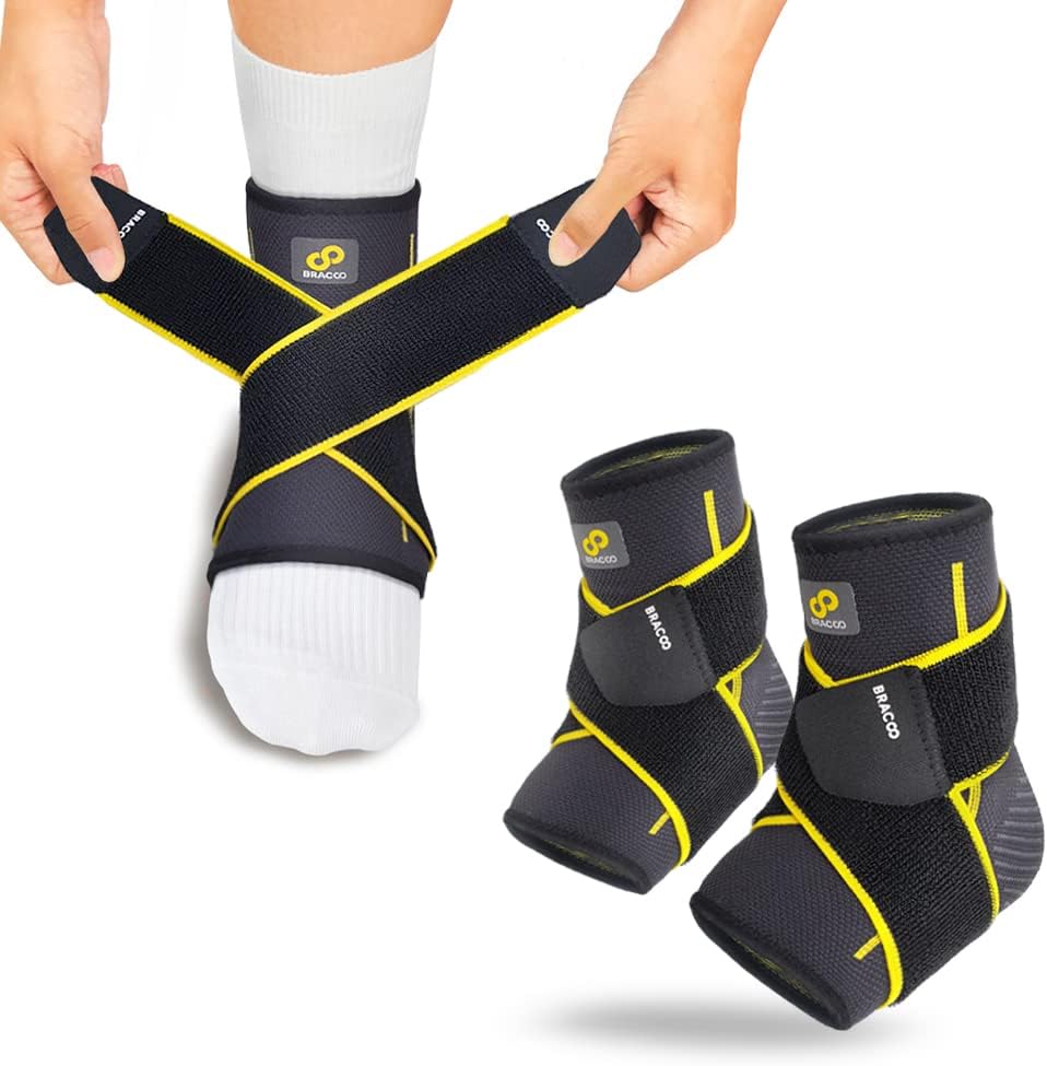 Bracoo 2 Pack Ankle Brace Compression Sleeve for Women & Men, Adjustable Ankle Support Strap for Sprained, Plantar Fasciitis, Pain Relief, Injury Recovery, Running, Workout, GYM, FS60