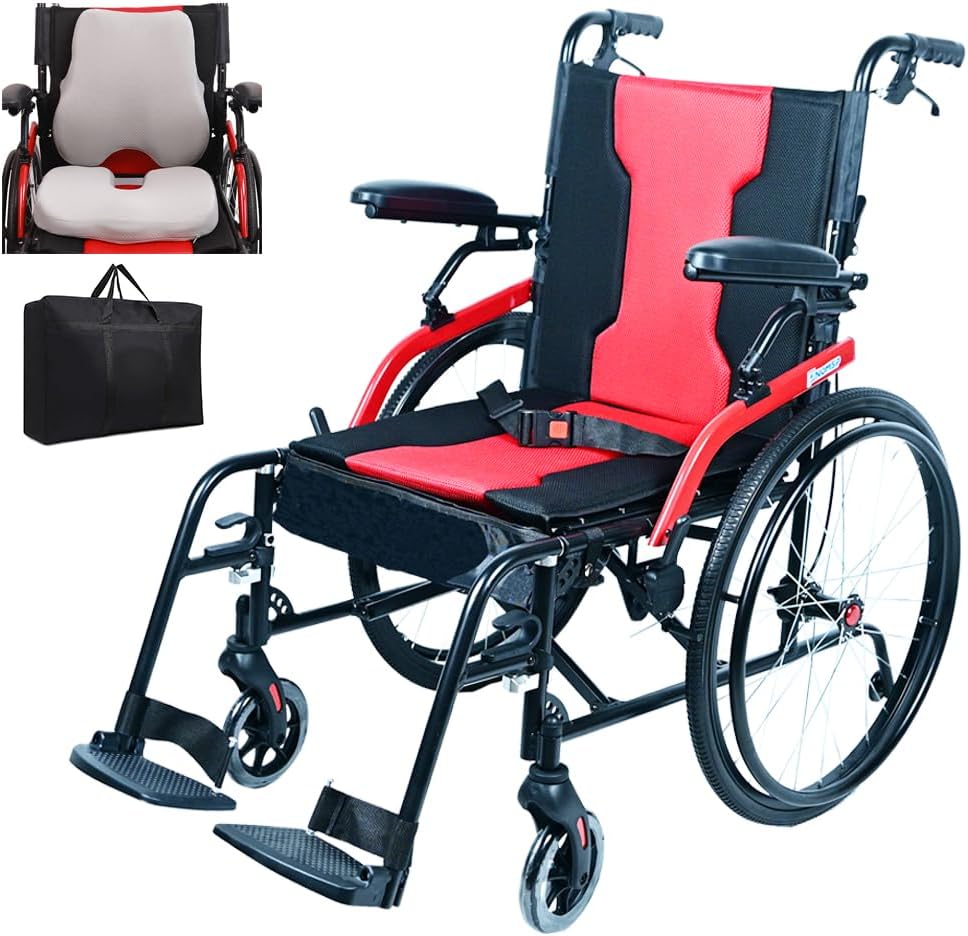 14lb Magnesium Ultra Lightweight Wheelchair 20 inch seat with 3D Cushion Flip Back Arms,Portable Wheelchair with Travel Bag,Travel Wheelchairs for Adults,250Ib Weight Capacity, Black