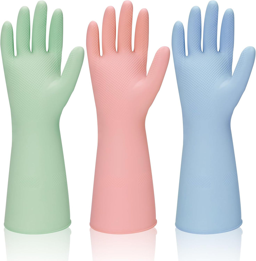 Rubber Kitchen Dishwashing Gloves - 3 Pairs Reusable Household Cleaning Gloves, Flexible and Durable & Non-slip Cleaning Gloves, Great for Kitchen, Bathroom, Laundry (Medium, Pink+Green+Blue)