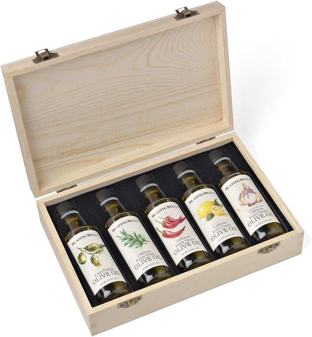Blazing Bella Olive Oil Gift Set – Extra Virgin and Infused Olive Oil Sampler Set – Garlic, Lemon, Rosemary & Smoky Jalapeño – Cold-Pressed California Olive Oil – 5 × 100ml Bottles