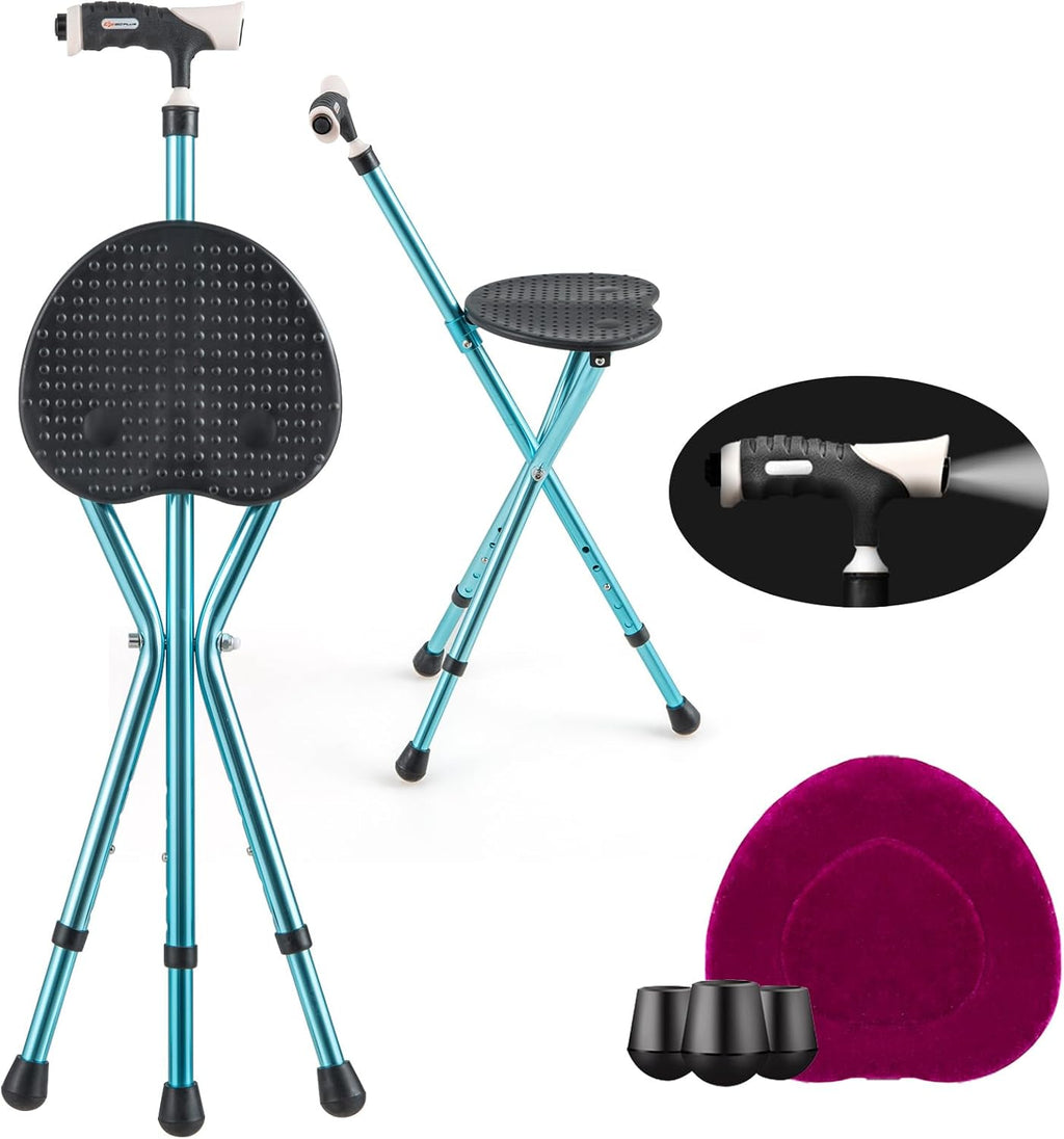 Goplus Walking Cane with Seat, Heavy Duty Aluminum Alloy Crutch Chair with LED Light and Retractable 3 Legs, Portable Anti-Slip Seat Cane, Lightweight Walking Stick for Seniors Elderly