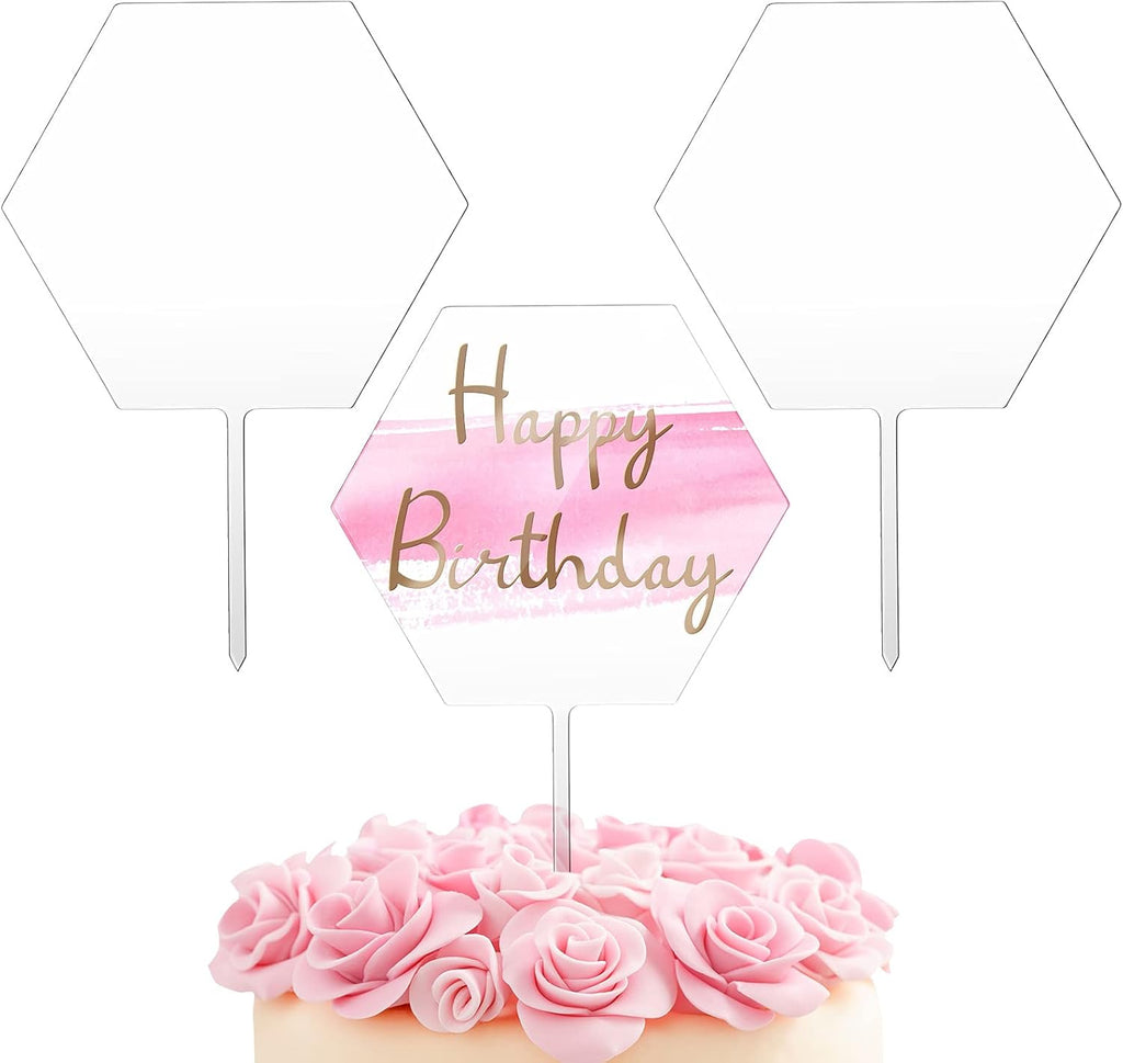 Yalikop 2 Pieces Acrylic Cake Topper Blank Clear DIY Birthday Personalized DIY Cake Topper for Custom Wedding Birthday Festival Party(Hexagon Style)