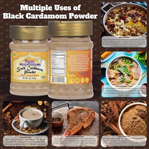 Rani Black Cardamom Powder (Kali Elachi) Indian Spice 3oz (85g) PET Jar ~ All Natural | Vegan | Gluten Friendly | NON-GMO | Kosher | Indian Origin | Smokey, Tsaoko, Cao Guo, Bach Dan Khau, Badi