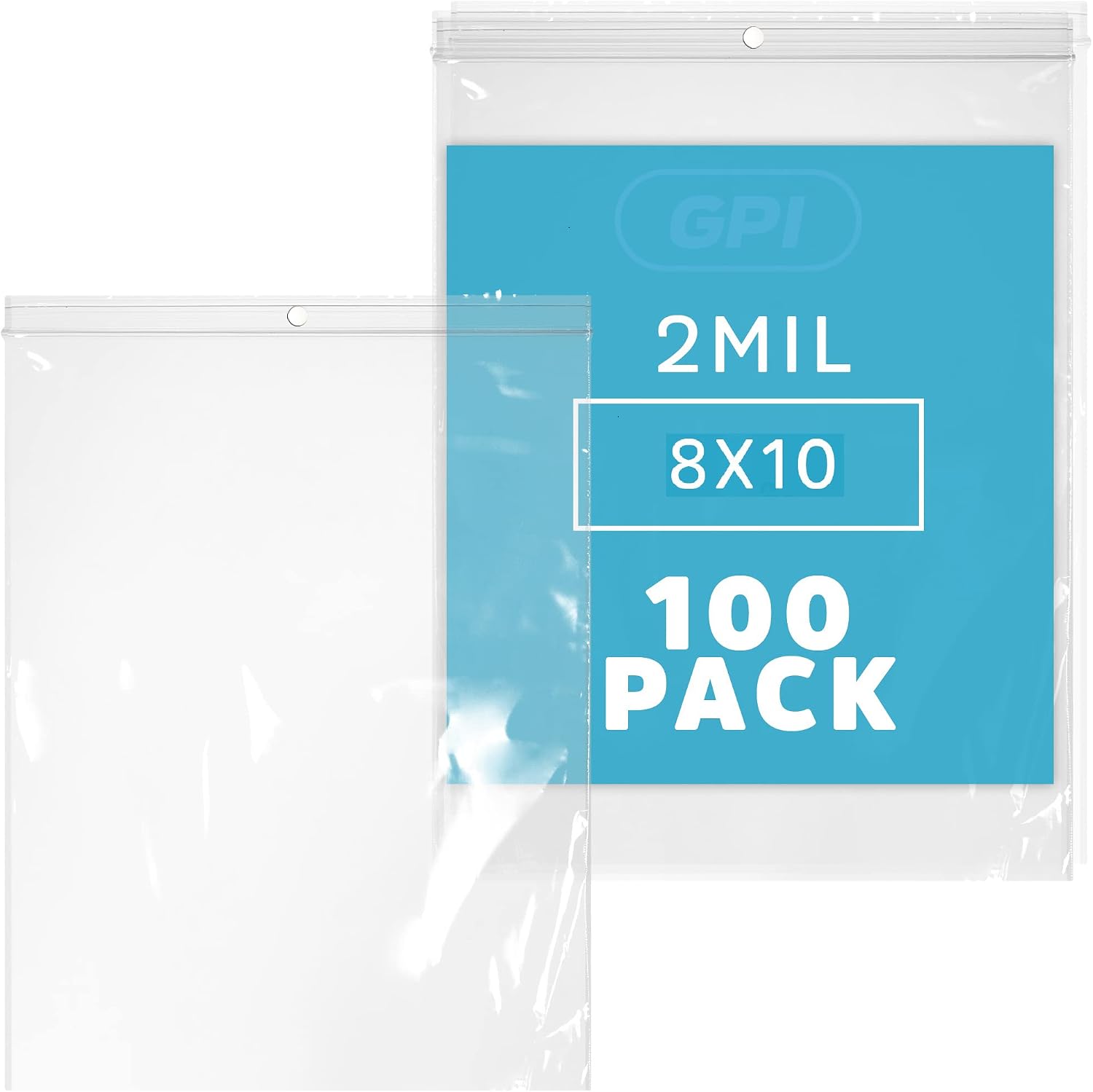 GPI - 8" x 10" - 100 Pack, 2 Mil thick, Large, Clear Plastic Reclosable Zip Bags, Hang Hole For Display, Durable Poly Baggies with Resealable Zip Top Lock for Storage, Packaging & Shipping