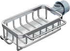 Buachois Sponge Holder for Kitchen Sink, Over Faucet Metal Basket with Drip Tray and Hanging Hook, Detachable Faucet Drain Rack for Soap Brush Rag (Silver)
