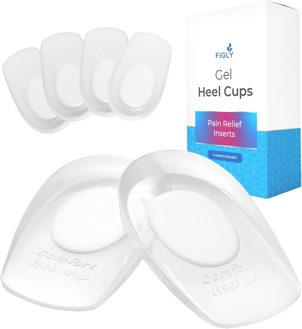 Figly Heel Cushions for Heel Pain Relief (4 Pack) - Heel Spur Relief Products Heel Pads Heel Inserts Women Gel Heel Cups Heel Pain Men Heel Cups Plantar Fasciitis, Heel Supports Heel Pain Shoe