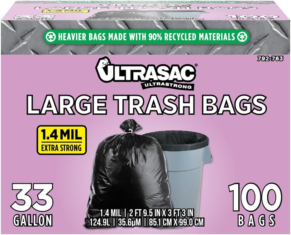 Ultrasac 33 Gallon Trash Bags - (Huge 100 Pack/w Ties) - 39" x 33" Heavy Duty Large Professional Quality Black Garbage Bags - Extra Strong Plastic Trashbags for Home, Kitchen, Lawn, and Other