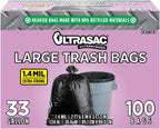Ultrasac 33 Gallon Trash Bags - (Huge 100 Pack/w Ties) - 39" x 33" Heavy Duty Large Professional Quality Black Garbage Bags - Extra Strong Plastic Trashbags for Home, Kitchen, Lawn, and Other