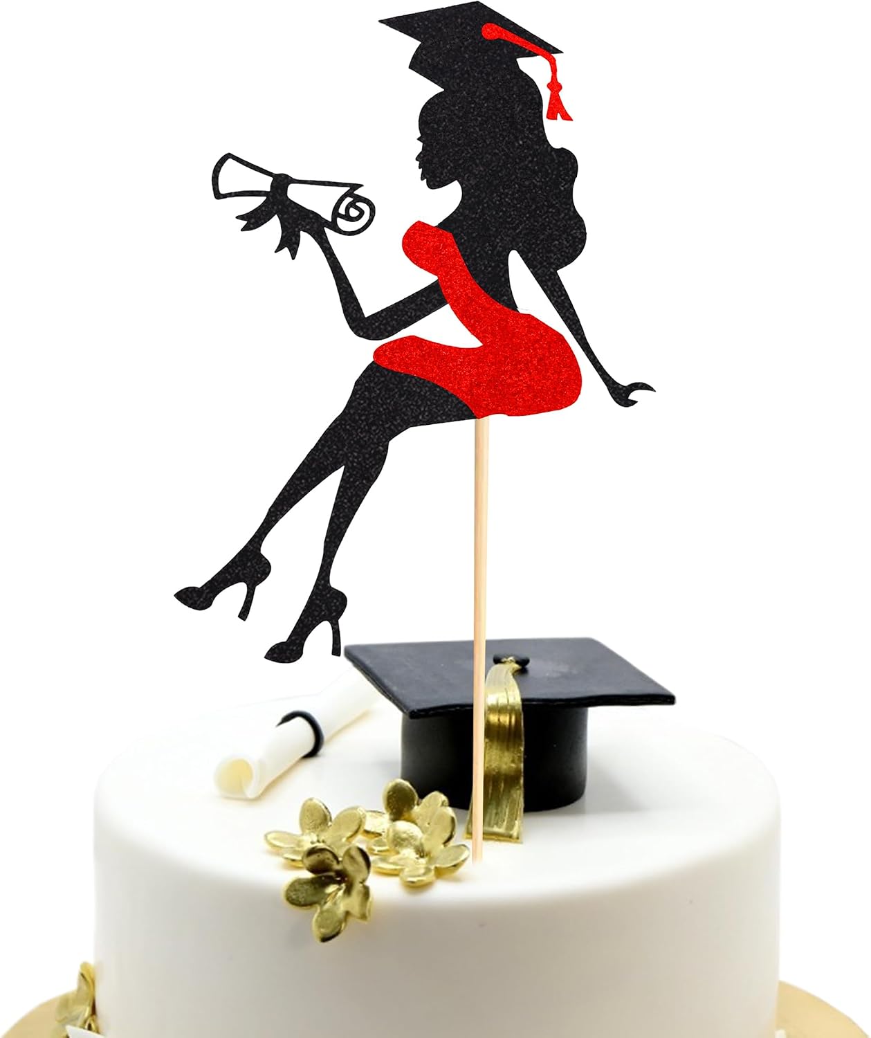 Arthsdite 1Pc High Heel Girl Graduation Cake Topper with Grad Cap Diploma 2026 Graduation Cake Pick 2026 Senior Graduation Cake Decorations for 2026 Girl Graduation Party Supplies - Red Glitter