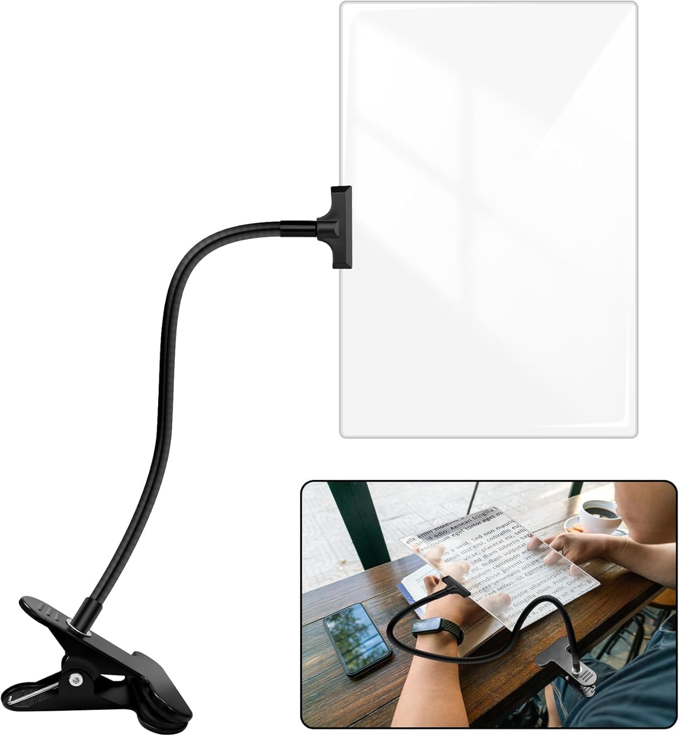 5X Magnifying Glass with Clip for Reading, 10x6 inch Large Full Page Magnifier with Clamp Adjustable Flexible Gooseneck, Clip on Magnifying Glass for Daily Hobbies, Painting, Crafts, Embroidery