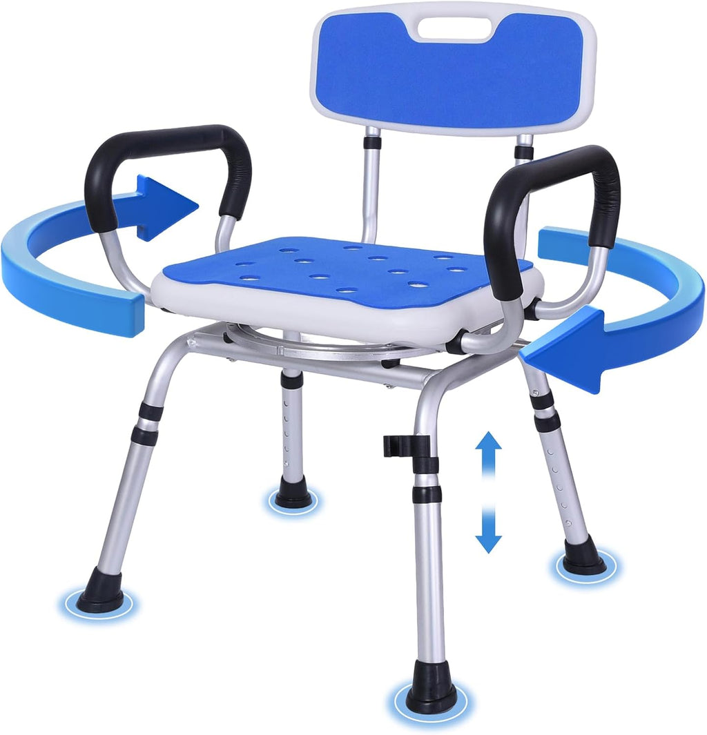 Swivel Shower Chair: 400 lbs Heavy Duty Shower Chair for Elderly Disabled Injured - Height Adjustable Shower Stool with Arms & Back - Non-Slip Rotating Shower Bench Seat for Tubs (Dark Blue)
