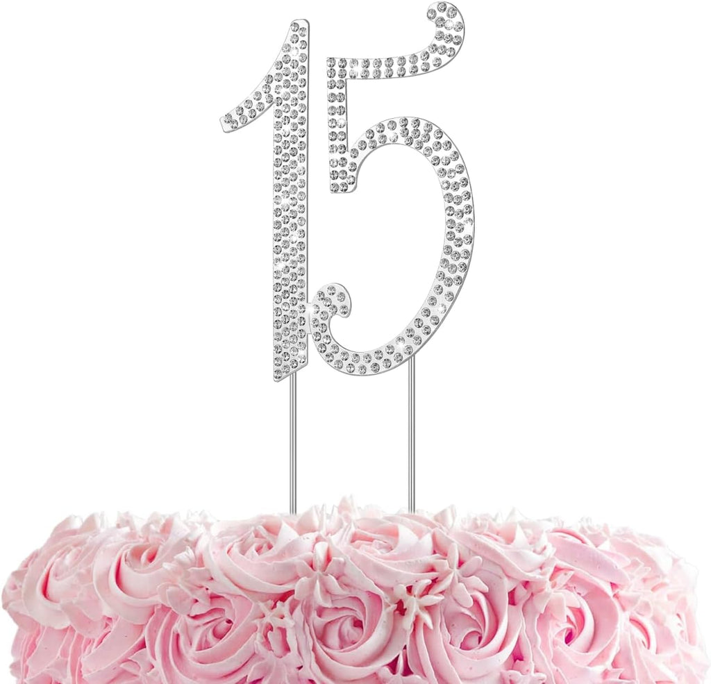 ABOOFAN Sweet 15 Cake Topper Happy 15th Birthday Cake Topper with Artificial Crystal Number 15 Wedding Anniversary Party Decoration Reusable 8.5 x 3.3 Inch